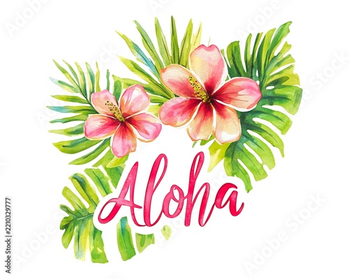 Aloha Text with Hibiscus Flowers and Tropical Leaves Watercolor Illustration
