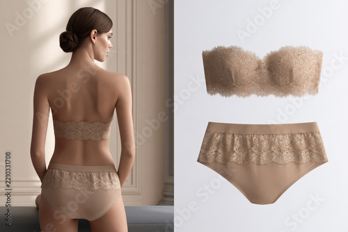 Luxury nude lace lingerie set with strapless bandeau bra and high waist briefs shown on model from behind and flat lay split screen.