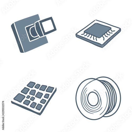 Technology icons display computer components, microchips, and electronic devices in flat vector lines.
