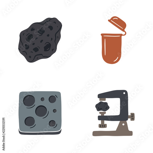 Geological research icons showing a mineral rock, storage container, sample tray, and testing vise.