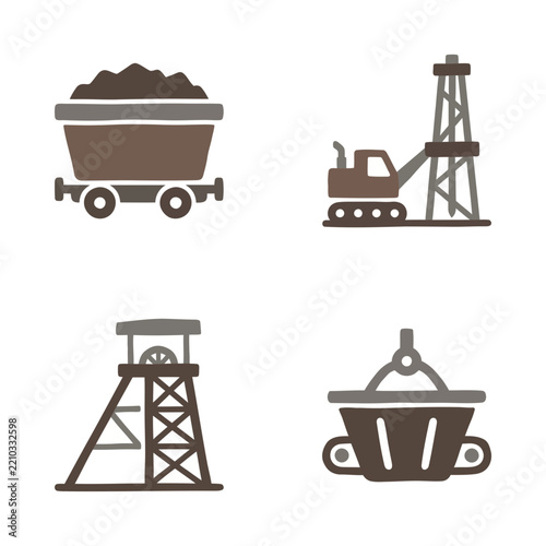 Mining icons collection featuring coal cart, drilling equipment, headframe structure, and lifting bucket.