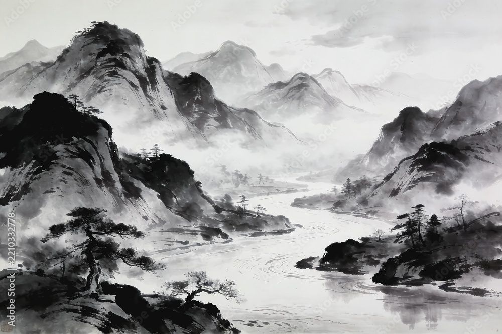 Obraz premium Traditional Chinese Ink Wash Landscape of Misty Mountains and River