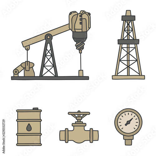 Oil extraction equipment icons illustrate industrial machinery, pumps, and barrels in a muted color palette.