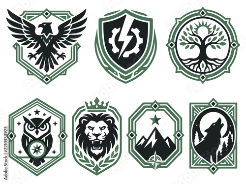 Collection of stylized animal and nature shield emblems.