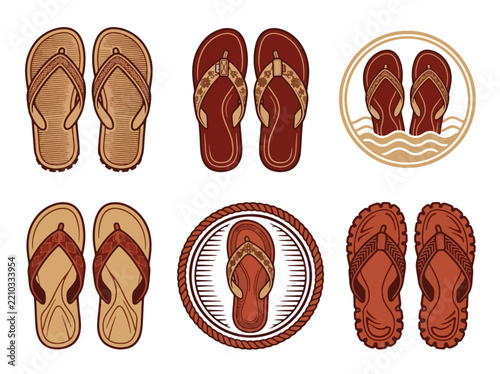 Set of six stylized flipflop and sandal illustrations.