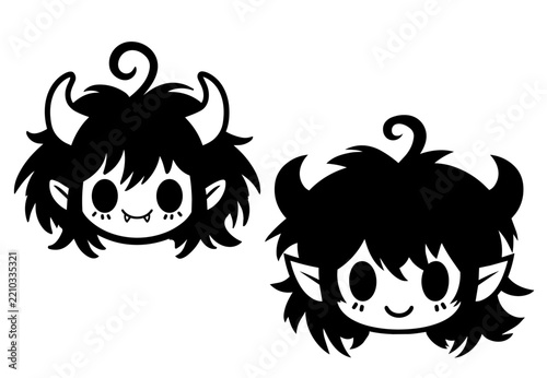 monochrome vector style illustration of a cute demon girl on white background.