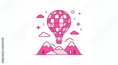 Pink hot air balloon over stylized mountains