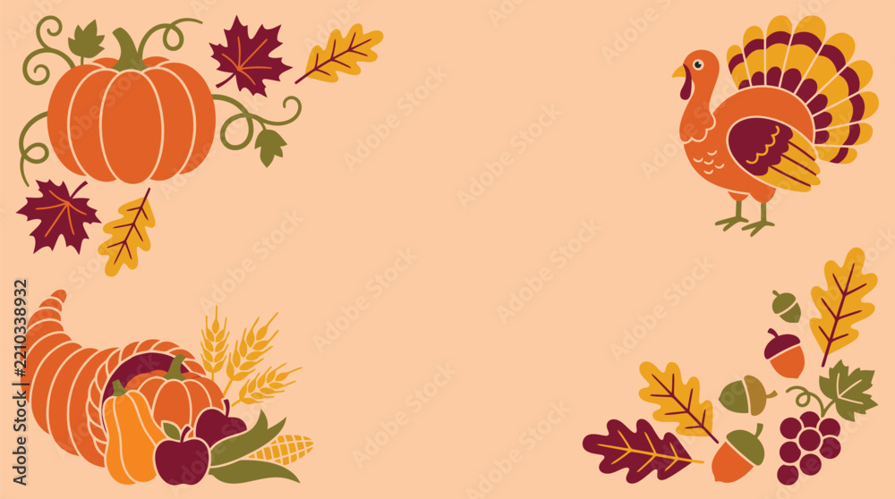 Fototapeta premium Festive thanksgiving background vector featuring a turkey pumpkin cornucopia and autumn leaves for seasonal holiday greeting card design projects