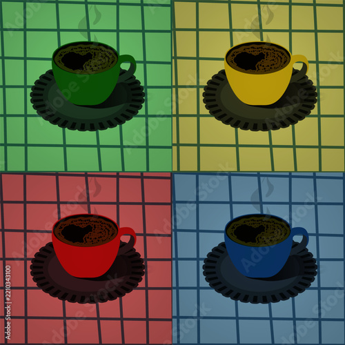 Vector pop art illustration of coffee cups on colorful checkered backgrounds