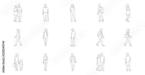 Set of various people line art illustrations, including men, women, and children in different poses and activities