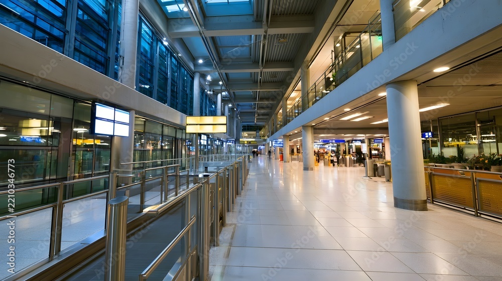 Naklejka premium Modern airport terminal hallway with glass walls metal railings and bright overhead lighting