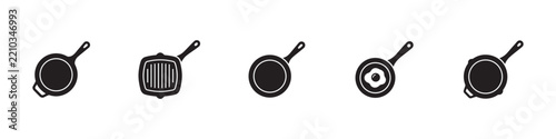 Frying pan icon set. Cast iron skillet, square grill pan, round cooking pan, skillet with fried egg and nonstick pan. Vector illustration.