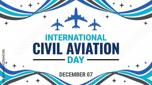International Civil Aviation Day banner with airplanes and blue wave d