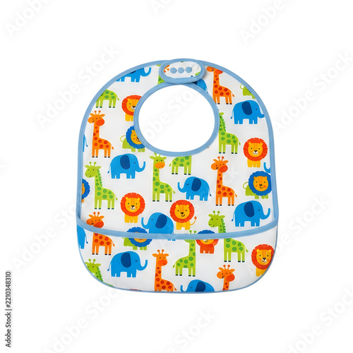 Baby bib with colorful cute animal print on white background