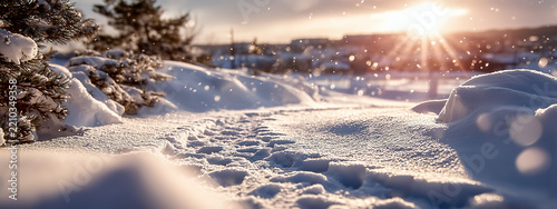 Low winter sun sparkles across snow covered countryside