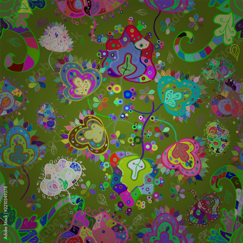Colorful floral vector seamless background with fantasy flowers, swirling leaves and decorative botanical ornaments. Vibrant repeating pattern for textile, wallpaper, fabric and fashion design.