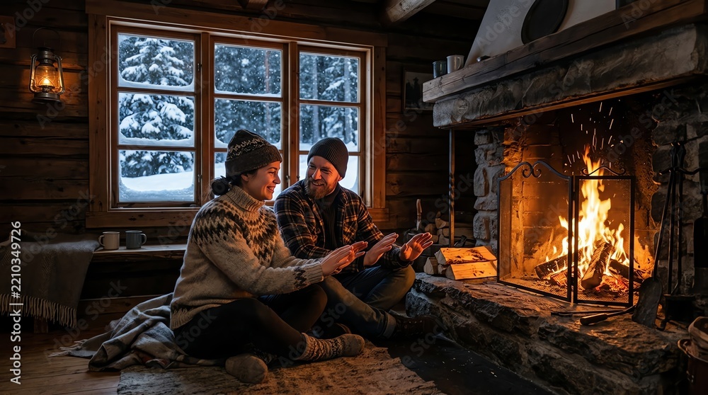 Fototapeta premium Cozy Winter Couple by Fireplace in Rustic Cabin