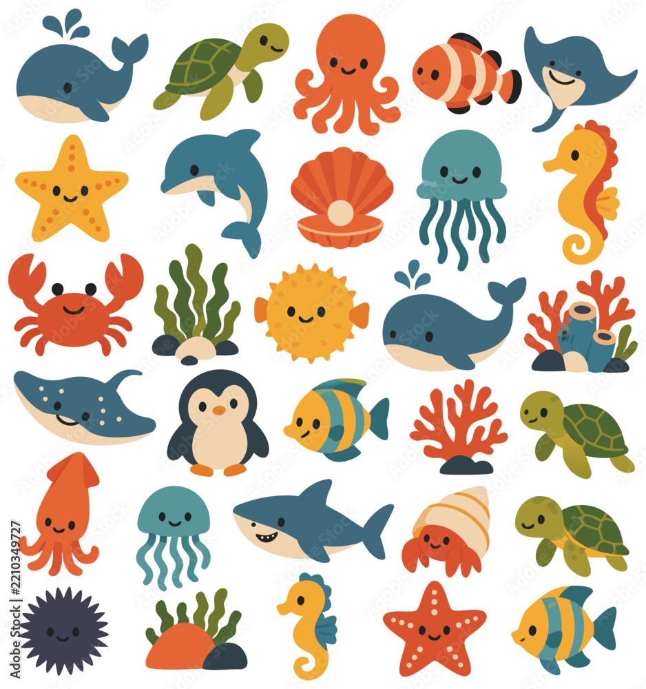 Obraz premium Ocean creatures flat design illustration isolated