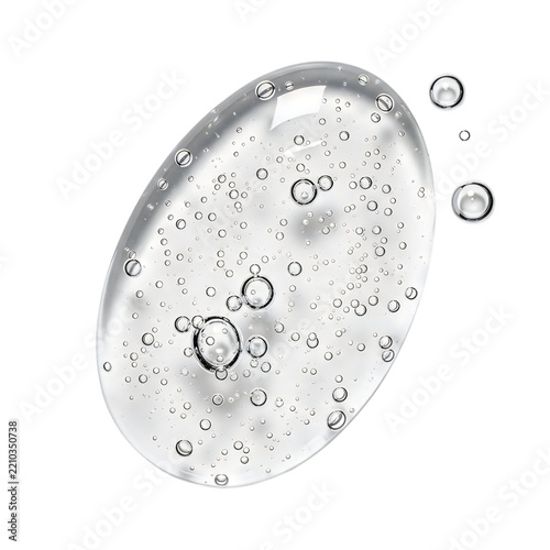 Clear liquid drop with small bubbles isolated on white background