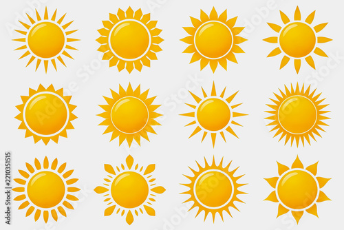 Collection of Twelve Stylized Flat Sun Icons With Different Rays