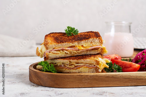 Toasted Breakfast Sandwich with Ham Cheese and Egg