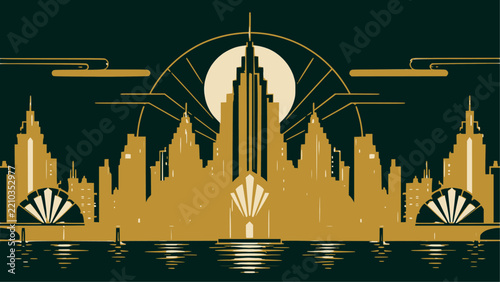 Art deco city skyline vector illustration. Featuring symmetrical stepped skyscrapers, gold line ornaments, fan motifs, bridges, and moon on dark emerald background. Vintage vector wallpaper.