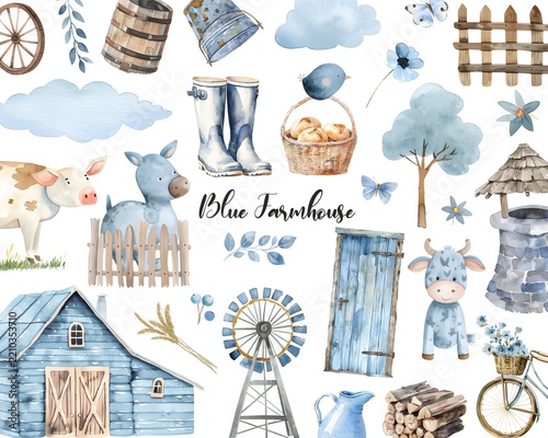 Blue Farmhouse Watercolor Elements Set