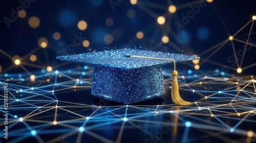 Tech illustration of a sparkling blue graduation cap connected to a global digital network.