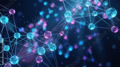 Future tech concept featuring a digital network grid with blue and pink glowing connections.
