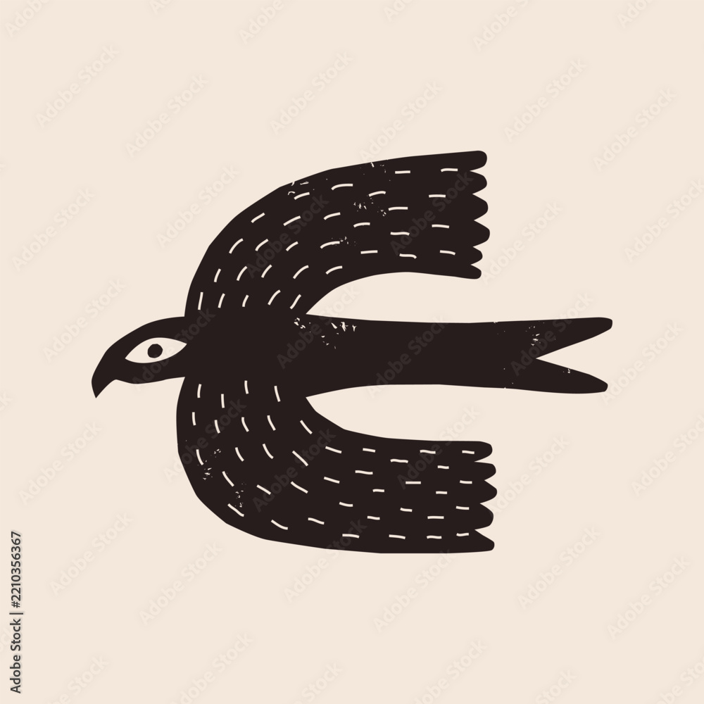 Obraz premium Textured grunge silhouette of abstract flying bird with an eye. Naive art raven for tribal, folk design. Distressed stamp vector graphic