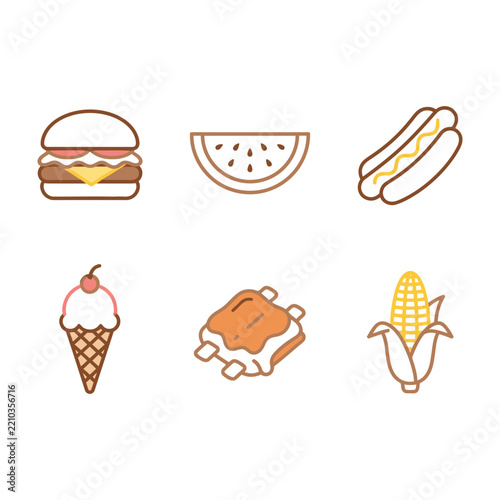 Simple Line Art Food Icons Set: Burger, Watermelon, Hot Dog, Ice Cream, Steak, Corn