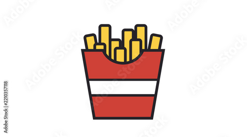 French fries in red paper box packaging vector icon. Black line art with flat color fill style on white background. Clean red potato fry pocket for burger restaurant menu and fast food delivery app
