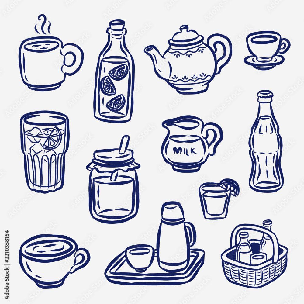 Obraz premium Beverages and Drinkware Elements Collection Set Line Art Hand Drawn Vector Illustration 