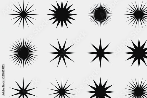 Set of Black Starburst Shapes with Varying Point Counts and Sizes