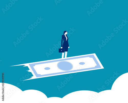 Businessman Flying on Money Carpet. Financial Growth and Investment Concept