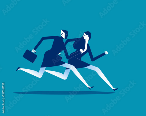 Business Artificial intelligence. Businesswoman and robot running a race