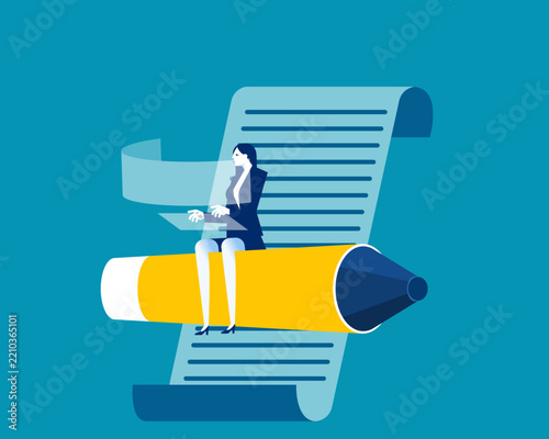 Tecnologyg  business marketing. Businesswoman sitting on pencil and finding investment