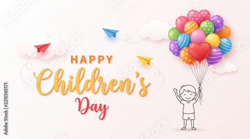 Happy childrens day paper art greeting with children greeting balloons