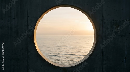 Round porthole window looking out to calm sea at sunset with porthole peaceful interior twilight reflection landscape