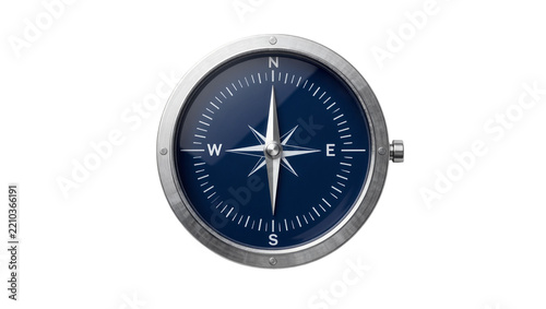 Metal compass with blue dial and white needle, isolated on transparent background