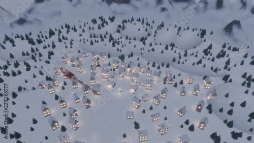 Aerial view of Santa Claus sleigh with reindeer circling over a snowy Christmas village at night, descending camera, 3D animation