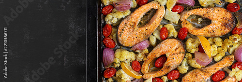 Healthy Seafood Meal with Roasted Salmon and Cauliflower. Top view, banner