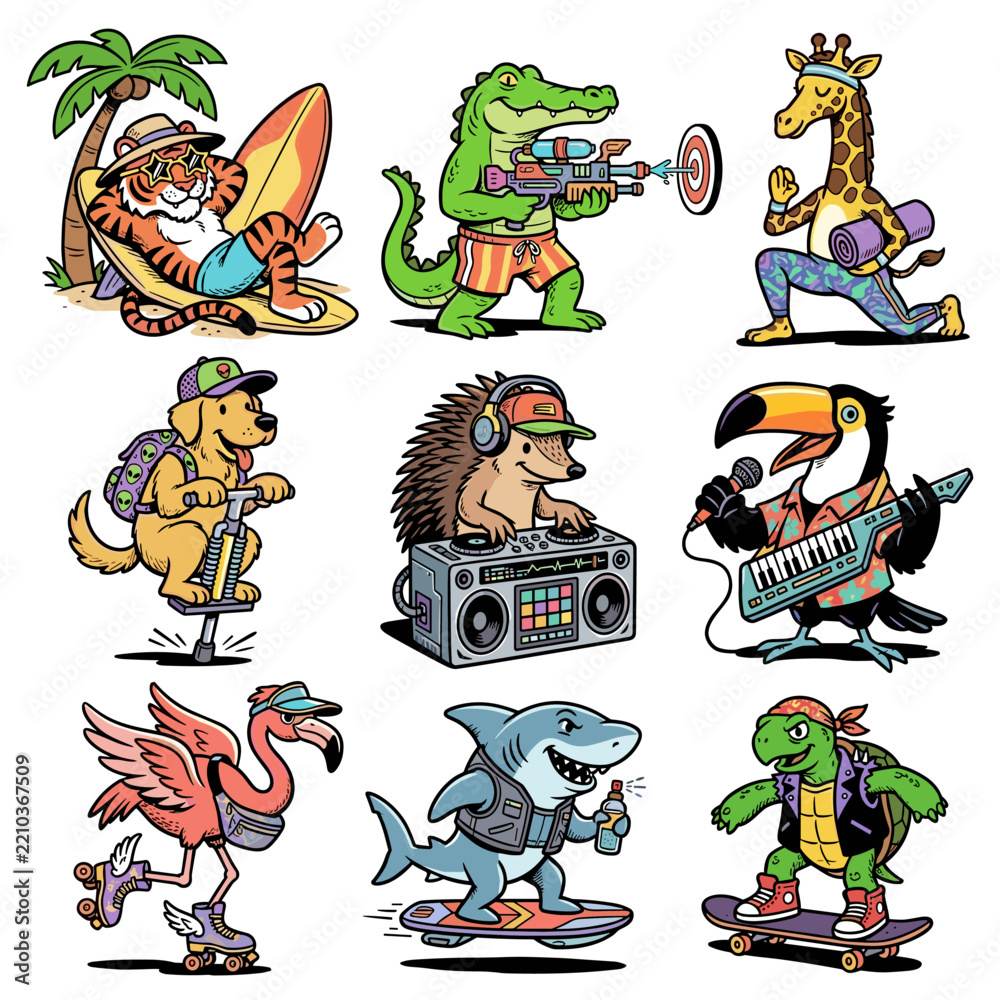 Obraz premium Summer vibes. Funny animals collection. Tropical adventure vintage print design for t shirt. Explore more.