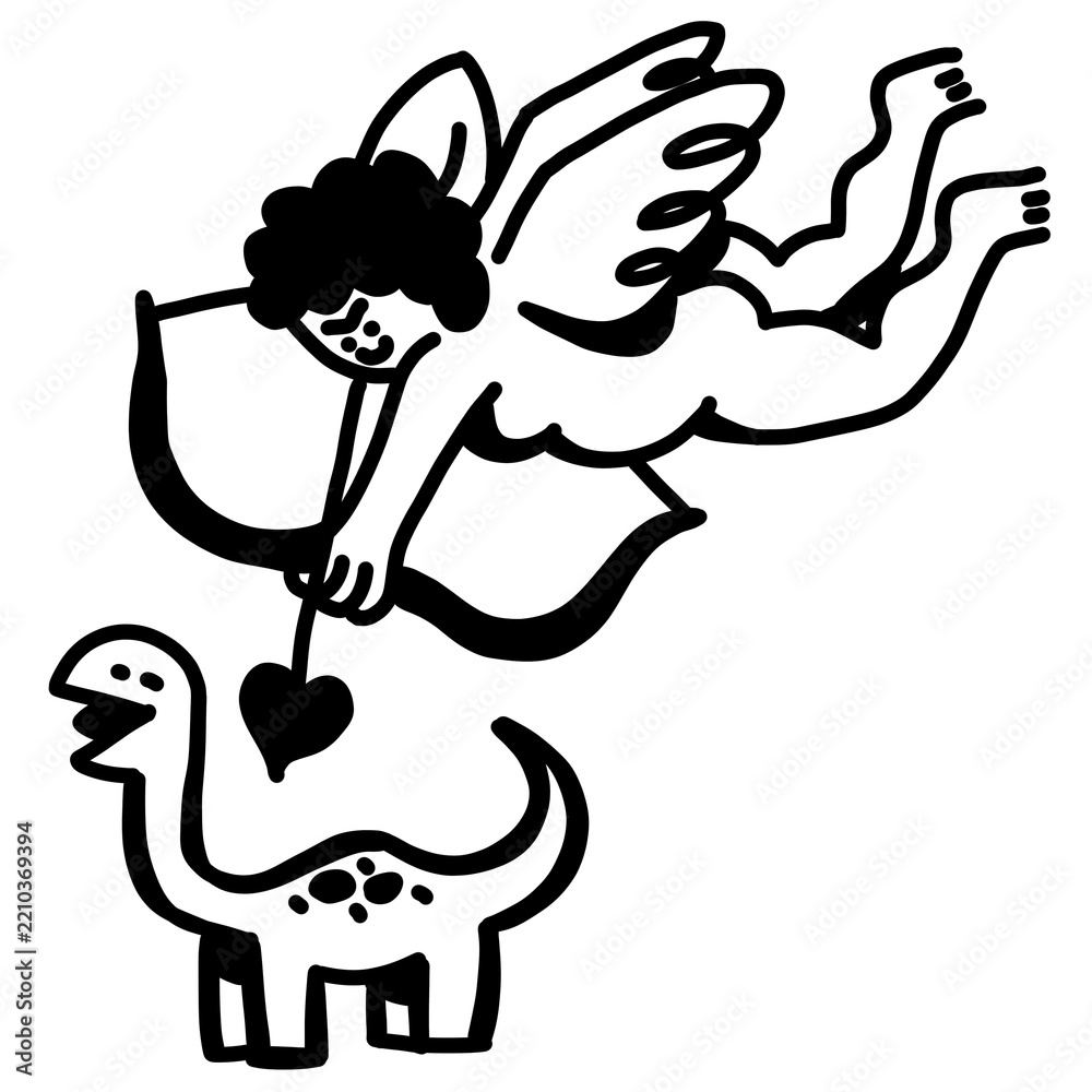 Obraz premium Edgy black-white winged angel archer aiming arrow at dinosaur, surreal bold line art