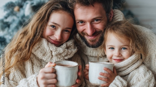 Festive family warmth, Multigenerational celebration over warm chocolate drinks, Cherished holiday moments as relatives enjoy hot cocoa in festive living environment