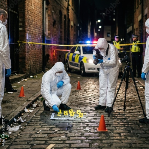 Forensic investigators in hazmat suits examining evidence in a dark alley at night with police car and tape