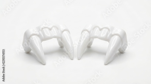 Two plastic white vampire fangs costume teeth toy accessory for halloween parties and scary dress up fun isolated on white background