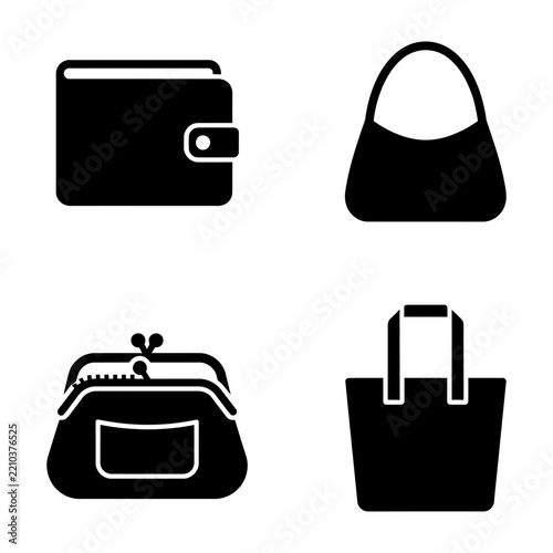 Black silhouette icons of women's handbags, purses, and wallets on white background