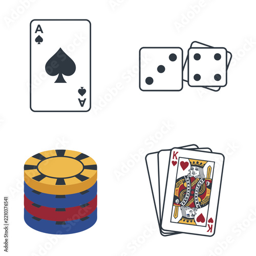 Casino Game Icons Set: Ace of Spades, Dice, Chips and King of Hearts