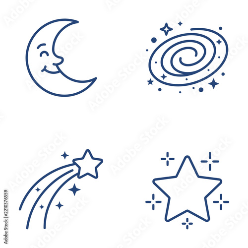 Smiling crescent moon and stars in space